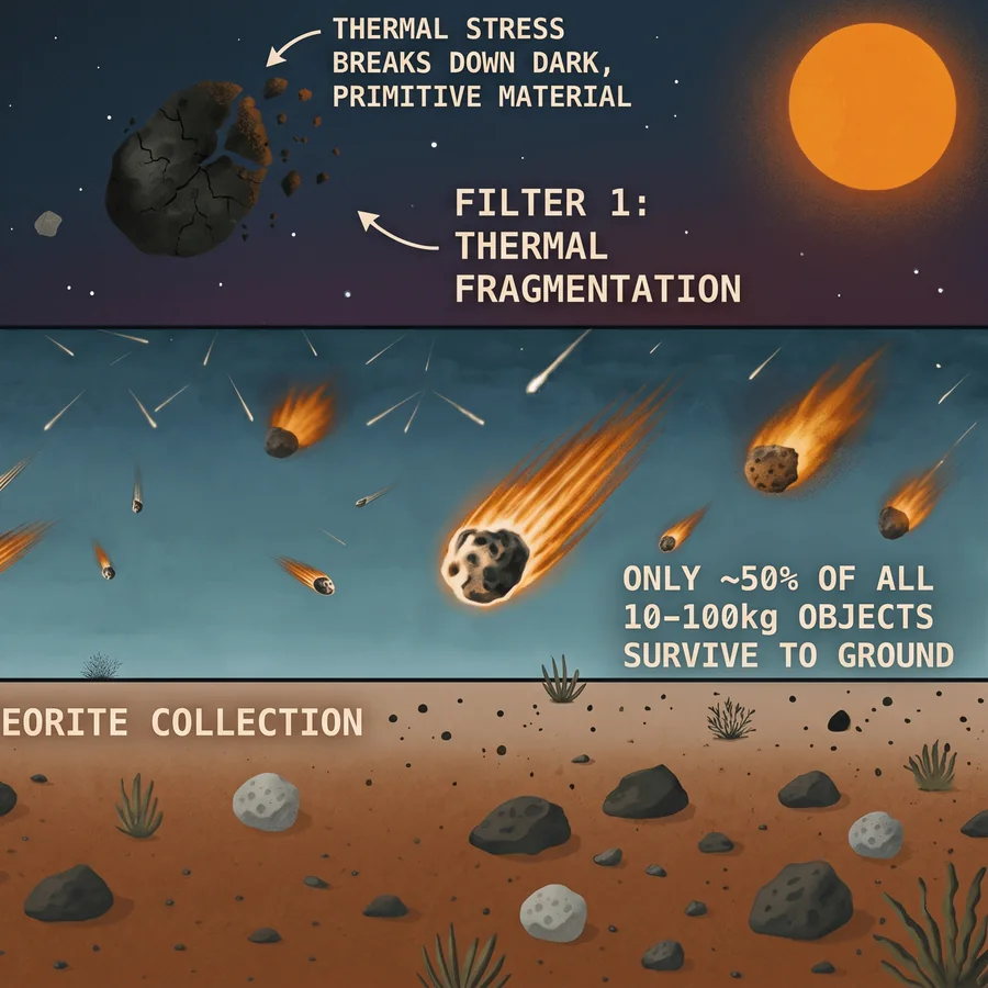 Illustration of the two-step filter: thermal fragmentation near the Sun breaking apart dark primitive material, then fireballs burning through the atmosphere above a meteorite-strewn desert