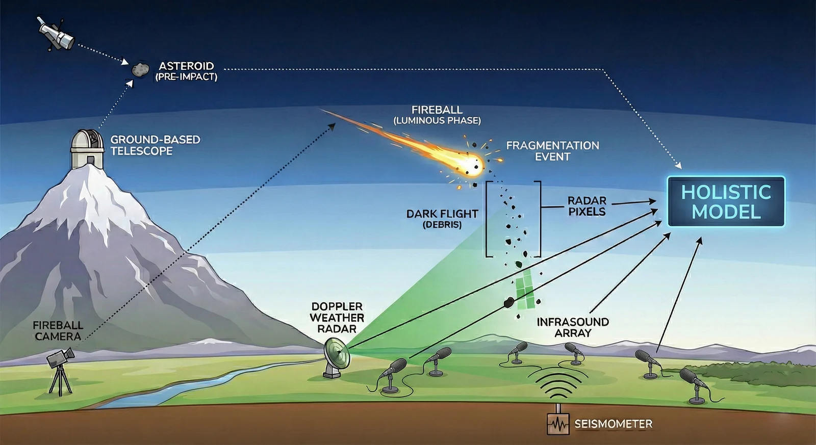 Diagram of the full observation chain: a ground-based telescope and satellite catch the asteroid pre-impact, a fireball camera records the luminous phase and fragmentation event, Doppler weather radar sweeps the dark-flight debris as radar pixels, and an infrasound array and seismometer record the event — all arrows converging on a single holistic model