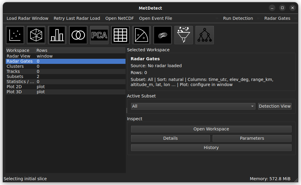 Screenshot of the MetDetect desktop application showing radar workspace, detection controls and gate inspection