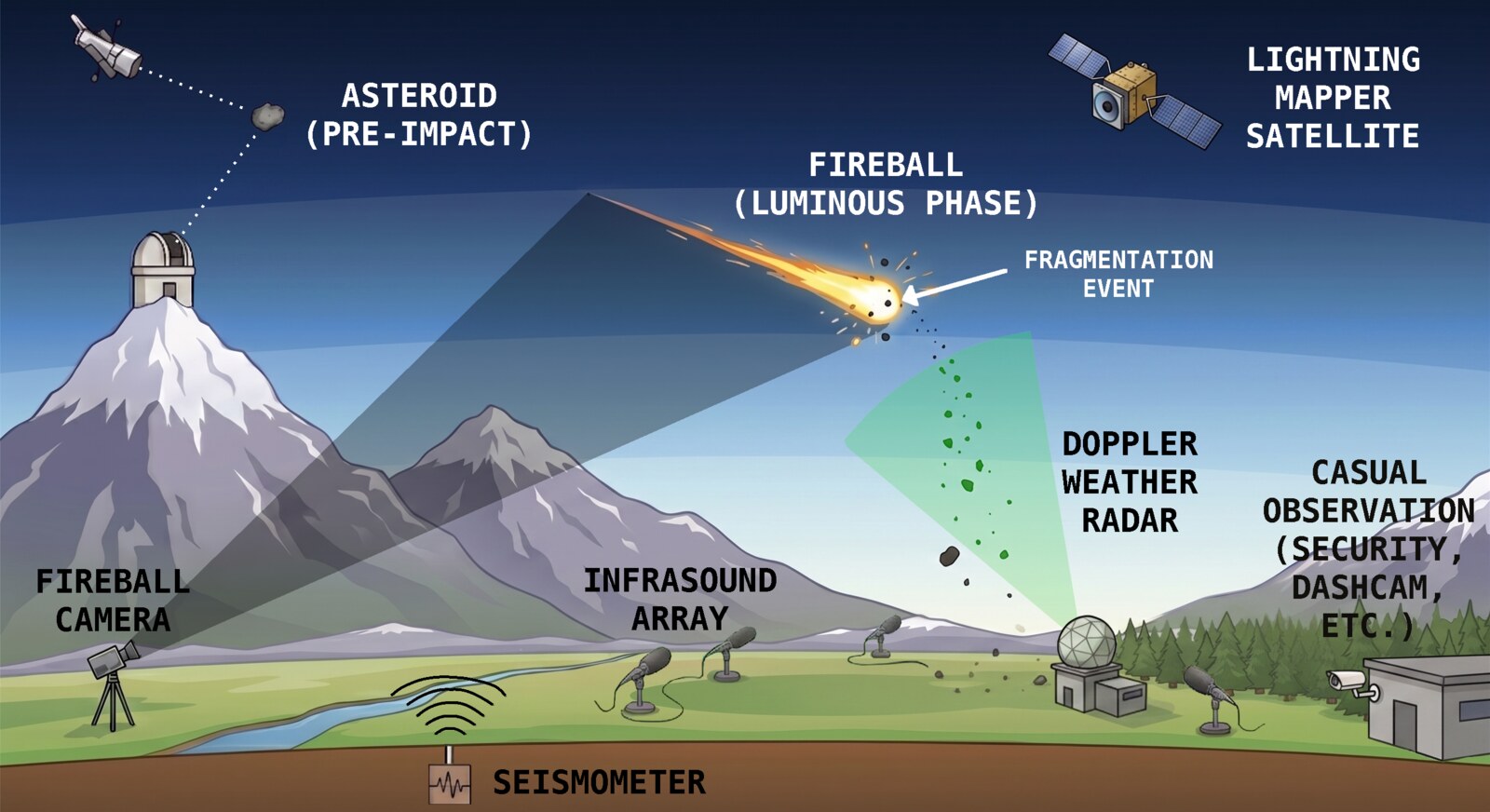Schematic of the many sensors that observe a meteorite fall: telescope, fireball cameras, infrasound array, seismometer, Doppler weather radar, lightning-mapper satellite and casual footage
