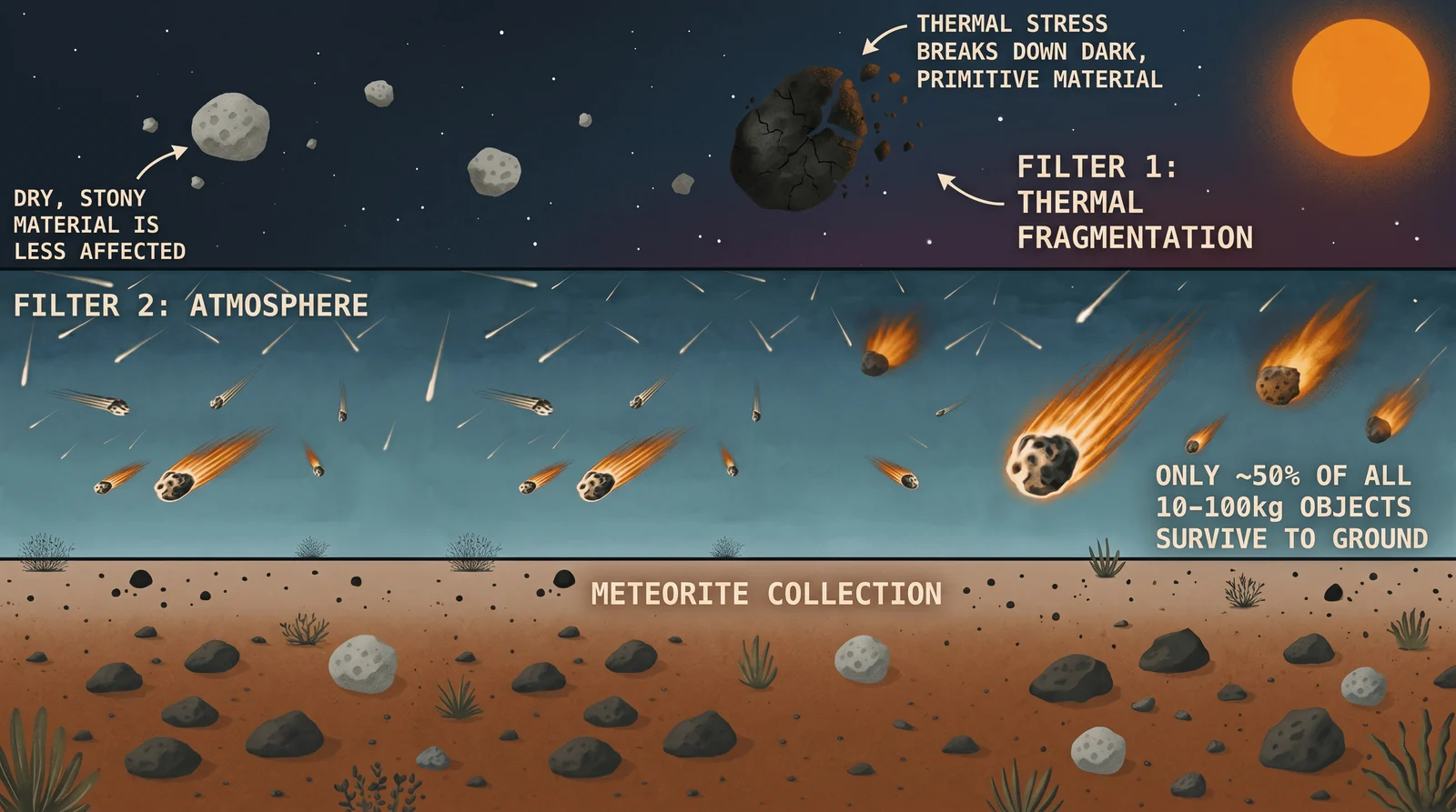 Illustration of the two-step filter. Top: near the Sun, thermal stress cracks apart a dark primitive asteroid while dry stony material is less affected (Filter 1, thermal fragmentation). Middle: fireballs burn through the atmosphere, with only about 50 percent of 10 to 100 kilogram objects surviving (Filter 2). Bottom: the surviving stones as a meteorite collection on desert ground.