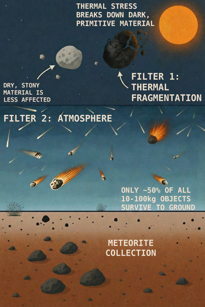 Schematic of the two-step filter: thermal fragmentation near the Sun (Filter 1) and atmospheric entry (Filter 2), determining which material reaches meteorite collections