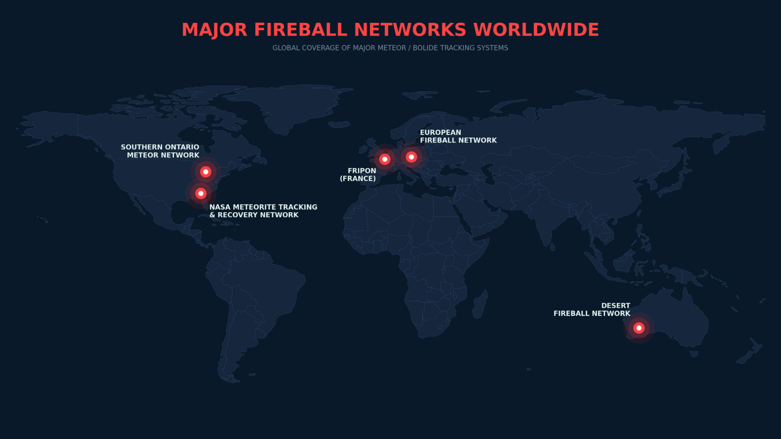 World map of major fireball and meteorite-tracking camera networks